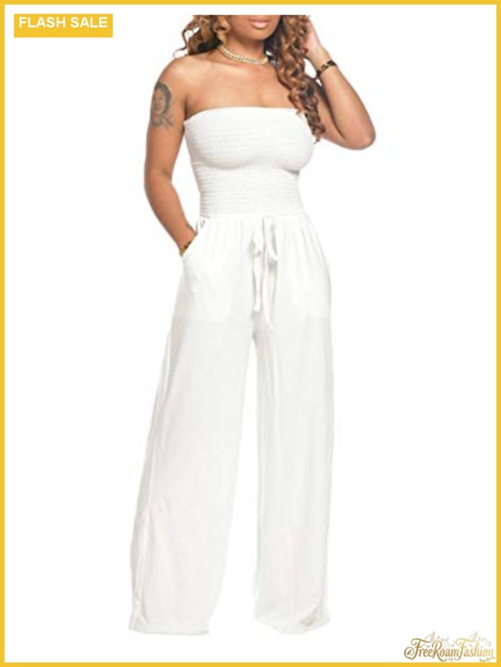 Strapless Wide Leg Jumpsuit with Pockets Polyester Spandex Casual Romper